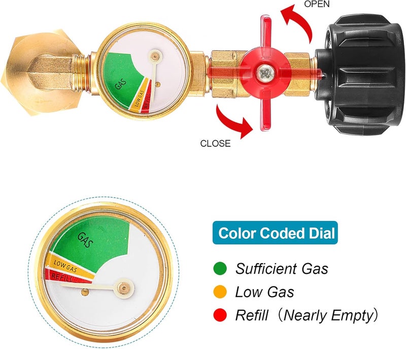 Catilon QCC1 Propane Refill Elbow Adapter with Propane Tank Gauge, 90 Degrees Propane Refill Adapter with ON-Off Control Valve, for Camping Grill 1LB Bottle Tank 20-40LBS Cylinder - Image 4